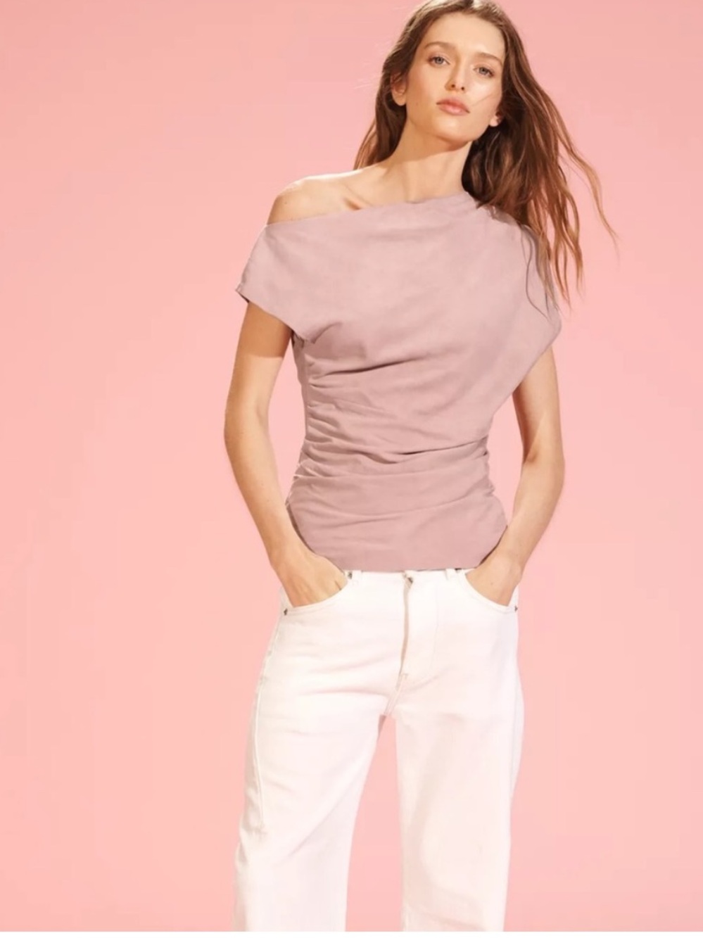 NWT. Zara Soft Blush/Nude Pink Suede Leather Draped Asymmetric Top. Size XS.